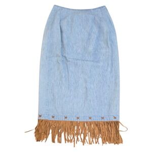 Vtg Hairston Roberson Ropa Womens Wrap Denim Brown Leather Fringe Skirt Sz 8